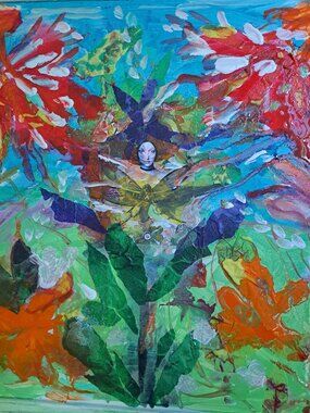 mixed-media piece titled "Masked in the garden," tisdue cut papers and acryli